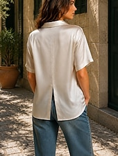  Women's Satin Top Satin Blouse Solid Color Plain Daily Work Short Sleeve Shirt Collar Long Tops Casual White Black Champagne Dark Green Summer Fall