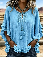  Damenbluse im Boho-Stil mit Rüschen, einfarbig, für Urlaub, halblange Ärmel, V-Ausschnitt, normale Passform, lässig, weiß, gelb, hellblau, khaki, smaragdgrün, Sommer/Herbst