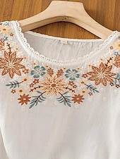  Blusa Bordada Feminina Floral Estilosa Casual Manga 3/4 Gola Redonda Tops Regulares Dia a Dia Branca Rosa Cinza Verão Primavera