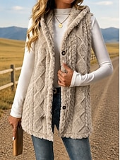 preiswerte Weste-Damen Tunika Knöpfe Einfach Bohemien Vintage Lässig Ärmellos V Ausschnitt Mit Kapuze Lange Oberteile Lässig Ausgehen Blau Khaki Schwarz Rosa Rote Frühling Herbst Winter