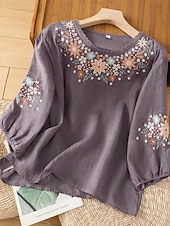  Blusa Bordada Feminina Floral Estilosa Casual Manga 3/4 Gola Redonda Tops Regulares Dia a Dia Branca Rosa Cinza Verão Primavera
