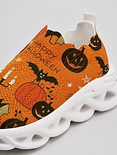  oransje Halloween slip-on strikkede sneakers til dame, lette tursko med gresskartrykk og pustende, polstret såle for kostymefester og turer på landet. &hverdagsbruk