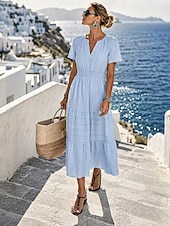  Per donna Abito Midi 100% cotone Abito a trapezio Abito con balze Elegante Quotidiano Vacanza Vestibilità comoda Colore Puro Manica Corta Scollo a V Bianco Nero Rosa Blu scuro Estate Primavera Autunno