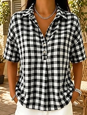  Damen Hemd Popover-Hemd Bluse Karomuster Kariert Täglich Kurzarm Revers Normale Oberteile Lässig Hellblau orange Farbe Schwarz Rote Grün Sommer Herbst