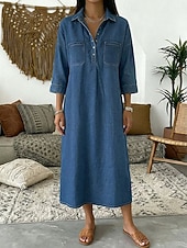 halpa Valkoinen mekko-Naisten Midimekko Huppari mekko Farkkumekko Vintage Päivittäin Loose Fit Tavallinen 3/4 hiha Paitapuserokaula-aukko Sininen Vaalean sininen Syksy