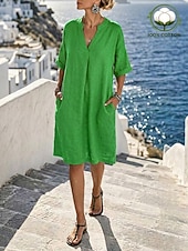  Per donna Abito al ginocchio 100% cotone Vintage Quotidiano Vacanza Vestibilità comoda Semplice Mezza Manica Scollo a V Nero Verde Verde militare Estate Primavera