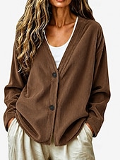  Cardigã feminino canelado com decote em V - blusa casual confortável com botões frontais e jaqueta casual.