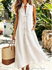  Women's Midi Dress Shift Dress Sundress White Dress A Line Dress Vacation Casual Boho Daily Holiday Summer Dress Plain Sleeveless Mandarin Collar Blue White Navy Pink Summer Fall