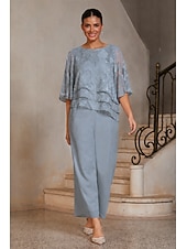  Mulheres Blusas Gola Redonda Meia Manga Mangas Evasê Casual Diário Mãe da noiva Formal com Esgotamento Floral Bainha com babados em camadas Azul empoeirado