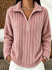  Damen-Sweatshirt, kuscheliger, gestreifter Fleece-Pullover – warmes Damen-Top mit Viertelreißverschluss und Stehkragen