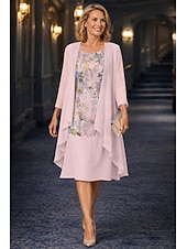 ieftine Seturi de rochii pentru mama-Două Piese Linia -A Lungimea ceaiului Rochie Mama Miresei Lungime Manșon 3/4 Manșon Jumate Scoateți gâtul Elegant Simplu Casual Oficial Invitat la nunta Petrecere Logodnă Șifon Dantelă Rochii jacheta
