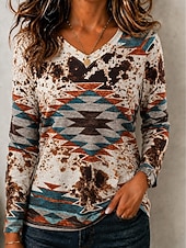  Women's T Shirt Print Graphic Vintage Vintage Casual Boho Long Sleeve V Neck Regular Tops Casual Daily Blue Dark Brown Light Brown Spring Fall Winter