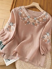  Blusa Bordada Feminina Floral Estilosa Casual Manga 3/4 Gola Redonda Tops Regulares Dia a Dia Branca Rosa Cinza Verão Primavera