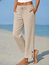  Damen Leinenhosen Freizeithose Abgeschnittene Hose Chino Volle Länge Natürliche Taille Einfach Einfarbig Tasche Bequem Komfort Unelastisch Urlaub Formell Alltagstauglich Blau Weiß Hellgrau Khaki
