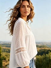  Mulheres Blusa Textura Renda Tecido à moda Casual Manga Longa Decote V Tops regulares Casual Diário Branco Verão Primavera