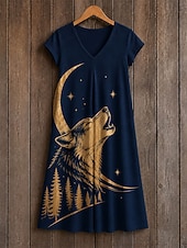  Mulheres Vestido midi Vestido de turno Vestido T shirt Vestido de verão Elegante Boêmia Férias Praia Festa Feriado Normal Floral Estrela Tropical Manga Curta Decote V Preto Rosa Vermelho Laranja