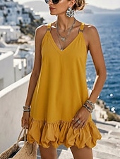  Per donna Mini abito Abito Boho Abito con balze Vintage Quotidiano Vacanza Vestibilità comoda Colore Puro Senza Maniche Scollo a V Rosso violaceo Giallo Rosa Blu marino Estate