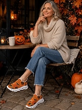  oransje Halloween slip-on strikkede sneakers til dame, lette tursko med gresskartrykk og pustende, polstret såle for kostymefester og turer på landet. &hverdagsbruk