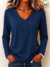  Dames 100% Katoen T-shirt Modern Casual Ademend Lange mouw V-hals Normale tops Casual Dagelijks Uitgaan Wit Zwart Int Blauw Licht Paars Rode roos Lente