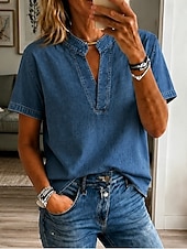  Women's Shirt Demin-look Washed Cotton Boho Shirt Lace Patchwork Denim Solid Color Plain Vintage Western Casual Short Sleeve Square Neck Regular Tops Casual Daily Holiday Blue Light Blue