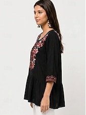 cheap Artisan Embroidery tops-Women's Embroidered Tunic Shirts 100% Cotton Boho Shirt Floral Elegant Bohemia Vacation 3/4 Length Sleeve Crew Neck Long Tops Casual Black Summer Spring Fall Winter