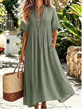  Women's Midi Dress Sundress A Line Dress Summer Dress Vacation Casual Boho Daily Holiday Summer Dress Plain Short Sleeve V Neck Blue Navy Yellow Fuchsia Summer Spring
