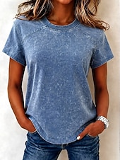  Mulheres Blusa Textura Patchwork Vintage Moda Punk Ocidental Manga Curta Gola Redonda Tops regulares Casual Azul Verão Primavera