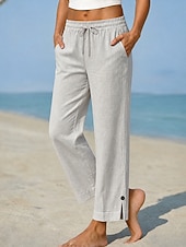  Damen Leinenhosen Freizeithose Abgeschnittene Hose Chino Volle Länge Natürliche Taille Einfach Einfarbig Tasche Bequem Komfort Unelastisch Urlaub Formell Alltagstauglich Blau Weiß Hellgrau Khaki