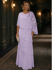 baratos Comprimento do chão-Linha A Vestidos Longo Vestido Para Mãe dos Noivos Meia Manga Scoop pescoço Elegante Vintage Luxuoso Formal Convidado do casamento Semi formal Chiffon Renda Xales com Miçangas Apliques Babados em
