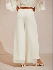  Women's Wide Leg Straight-Leg Trousers Chiffon Elegant Ankle-Length Mid Waist Elastic Waistband Stretchy Casual Daily Holiday Apricot Summer Spring Fall