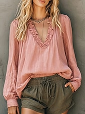  Per donna Blusa Arricciato Semplice Elegante Casual Manica Lunga Scollo a V Top Regolari Casuale Quotidiano Blu Bianco Giallo Rosa Estate Primavera
