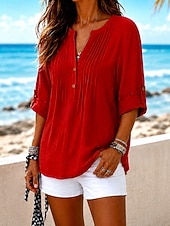 economico Camicie-Per donna Camicia di lino Blusa Tinta unica Vintage Elegante Classico Manica Lunga Henry Collar Top Regolari Casuale Quotidiano Rosso Estate Autunno