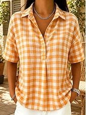  Damen Hemd Popover-Hemd Bluse Karomuster Kariert Täglich Kurzarm Revers Normale Oberteile Lässig Hellblau orange Farbe Schwarz Rote Grün Sommer Herbst