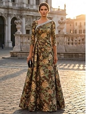 economico Abiti da Sera a Linea A-Linea ad A Lunghezza al pavimento Abito Formale Abito da Sera Elegante Floreale Madre della sposa Manica 3/4 Scollo a Barca Festa serale Matrimonio Jacquard Shiena scoperta con Strass Pieghe Perline