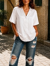  Women's Satin Top Satin Blouse Solid Color Plain Daily Work Short Sleeve Shirt Collar Long Tops Casual White Black Champagne Dark Green Summer Fall