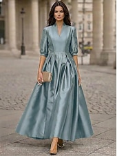 abordables Vestidos de cóctel-Corte A Hasta el Tobillo Vestidos de coctel Elegante Diario Media Manga Escote en Pico Boda Formal Tafetán Tejido elástico con Plisado