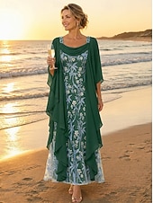 Linha A Até o Tornozelo Vestido de renda Vestido Para Mãe dos Noivos Manga Longa Scoop pescoço Elegante Vintage Formal Convidado do casamento Festa de Casamento Chiffon Renda com Fru-Fru Bordado