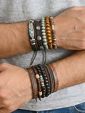 preiswerte Herrenschmuck-Boho-Armbandset für Herren, 11-teiliges Set aus stapelbaren Armbändern aus Holzperlen, Legierung und Leder, lässiger Sommerschmuck für Strandurlaub, Reisen, Festivals, Partys und den Alltag