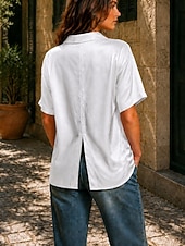  Women's Satin Top Satin Blouse Solid Color Plain Daily Work Short Sleeve Shirt Collar Long Tops Casual White Black Champagne Dark Green Summer Fall