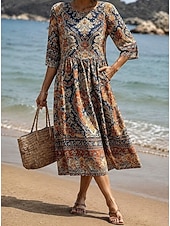  Women's Midi Dress Shift Dress Sundress Vacation Casual Boho Beach Going out Summer Dress Regular Fit Floral Graphic 3/4 Length Sleeve Crewneck Brown Summer Spring