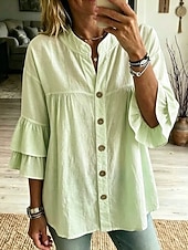  Mulheres Blusa Frufru Tecido à moda Casual Sem Manga Colarinho Chinês Tops regulares Casual Diário Branco Amarelo Rosa Verde Verão Primavera