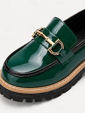 billiga Lätta damskor-mörkgröna damloafers i lackkonstläder - eleganta horsebit slip-on-skor med låg sula för daglig kontorspendling, professionella arbetskläder