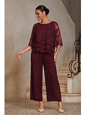  Mulheres Blusas Gola Redonda Meia Manga Mangas Evasê Casual Diário Mãe da noiva Convidado do casamento com Esgotamento Floral Bainha com babados em camadas Vinho