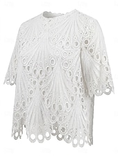  Mulheres Tops de renda Textura Patchwork Com Corte Elegante Manga 3/4 Gola Redonda Casual Branco Verão Primavera Outono