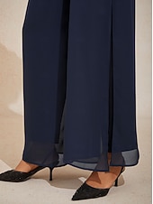  Women's Culottes Wide Leg Straight-Leg Trousers Elegant Stylish Classic Style Full Length Medium Waist Solid Color Elastic Waist Stretchy Office Vacation Party Navy Blue Spring, Fall, Winter, Summer