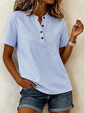  Mujer Blusa Graphic Geométrico Elegante Vacaciones Vintage Manga Corta Henry Collar Tops largos Casual Diario Festivos Azul Piscina Amarillo Rosa Gris Verano Primavera