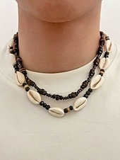 abordables Bijoux pour hommes-Collier bohème de plage pour homme, à plusieurs rangs, perles de bois &amp;Collier double rang de coquillages, idéal pour les vacances d'été, les séjours en station balnéaire, les festivals, les voyages