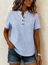  Mujer Blusa Graphic Geométrico Elegante Vacaciones Vintage Manga Corta Henry Collar Tops largos Casual Diario Festivos Azul Piscina Amarillo Rosa Gris Verano Primavera