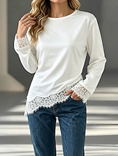  Mulheres Blusa de cetim Tops de renda Guarnição do laço Côr Sólida Elegante Manga Longa Gola Redonda Tops regulares Casual Branco Verão Primavera Outono