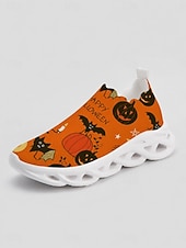  oransje Halloween slip-on strikkede sneakers til dame, lette tursko med gresskartrykk og pustende, polstret såle for kostymefester og turer på landet. &hverdagsbruk